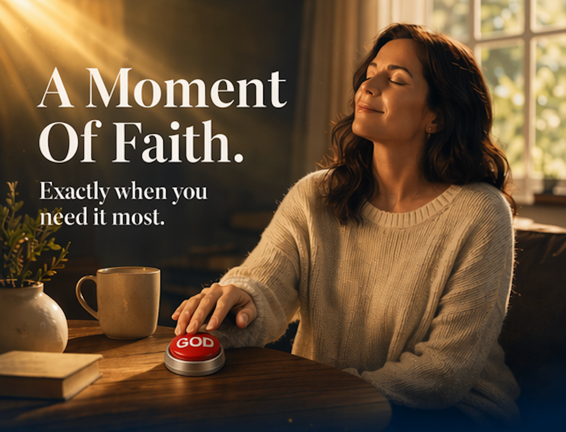 Woman peacefully pressing the GOD Talking Button at a table